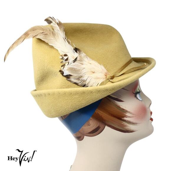 Vintage Mr John Hat 1960s Gold Felt Fedora Feather Plume Made in Italy - Hey Viv - Picture 1 of 8